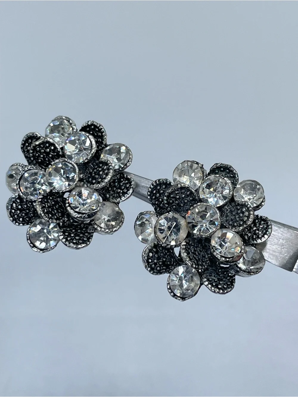 Silver Tone White Crystal Glass Rhinestone Floral Clip On Statement Earrings
